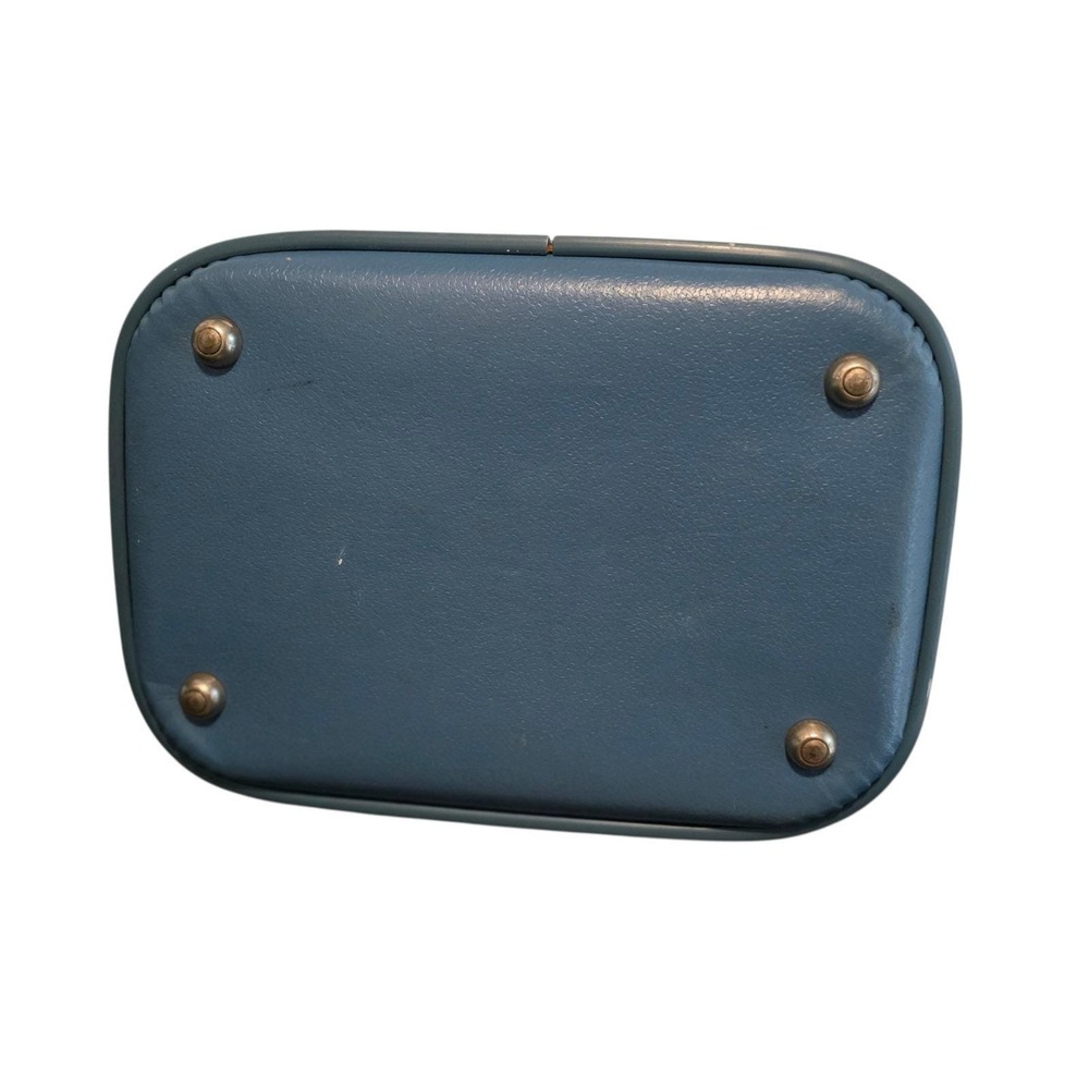 Vintage Blue Hard Shell Train Case Makeup Vanity Travel Bag Mirror Mid Century - Picture 9 of 11